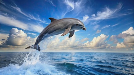 Fototapeta premium Dolphin jumping gracefully out of ocean water, dolphin, ocean, wildlife, marine life, majestic, freedom, aquatic, nature, playful
