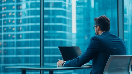 A businessman sitting at a desk, gazing out at the city skyline through large office windows, deep in thought.