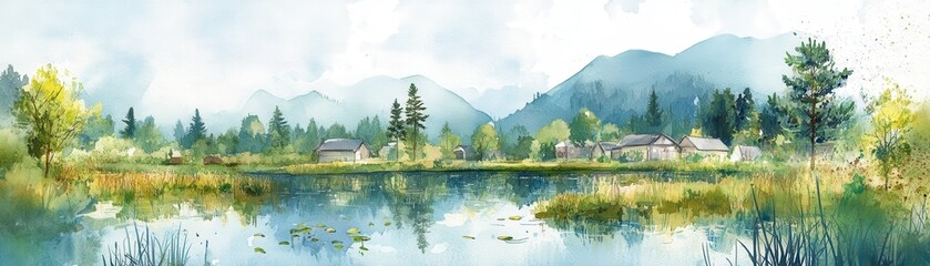 Fototapeta premium Rural area with waste regulation practices, pollution-free landscape, sustainable living, watercolor style