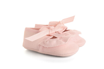 Stylish pink baby shoes isolated on white background