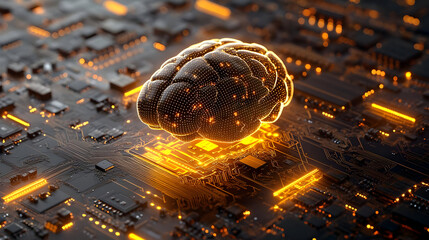 A digital brain representation on a circuit board, symbolizing artificial intelligence.