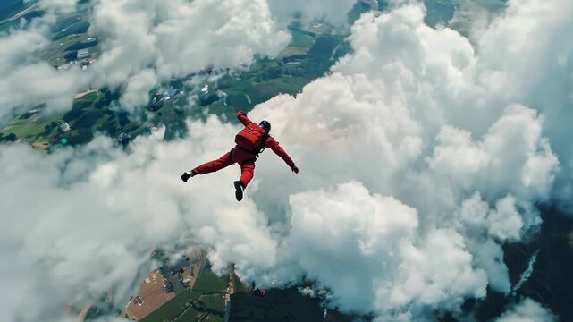 Skydiver plummets through billowing clouds. Aerial view captures vast sky expanse. Red suit contrasts against white clouds, emphasizing thrill and freedom of freefall.	