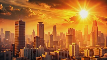 Fototapeta premium Extreme heat waves engulfing urban city buildings in summer, climate change