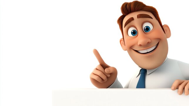 Smiling cartoon businessman pointing up at blank white space.
