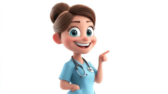 Cartoon female nurse in blue scrubs with stethoscope smiling and pointing to the right.