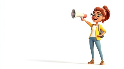 Cheerful cartoon girl with ponytail, wearing yellow sweater, jeans and holding a megaphone.