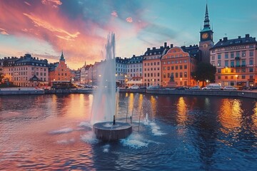 Sunset View of Stockholm's Waterfront with a Fountain
