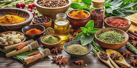 A detailed shot of various Ayurvedic massage ingredients like herbs, oils, and medicinal powders , Ayurveda, massage, wellness