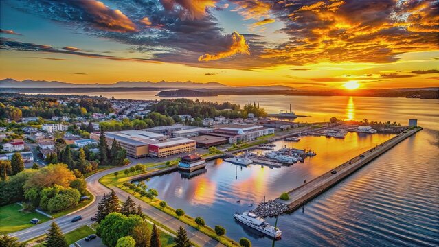 Sunset over Port Gardner in Everett, Washington , waterfront, skyline, dusk, Pacific Northwest, cityscape, harbor