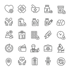 Pharmacy, medicine, healthcare thin line icons collection. Editable stroke. For website marketing design, logo, app, template, ui, etc. Vector illustration.