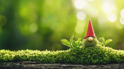 A charming garden gnome peeks from lush green moss, evoking a whimsical and enchanting outdoor atmosphere.