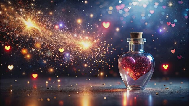 A bottle of love potion surrounded by magical sparkles on a dark background, Love, potion, magic, romance, spell
