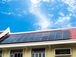 Naklejka premium Solar panel energy photovoltaic sun heat power system cell electric on roof mome modern new future green eco ecology station house plant technology renewable construction generator field rooftop