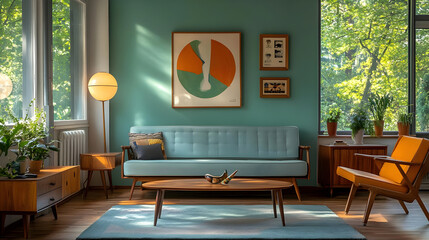 A stylish living room with a modern aesthetic, featuring plants and natural light.