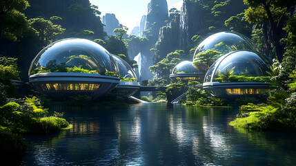 Futuristic domed structures surrounded by lush greenery and water in a serene landscape.