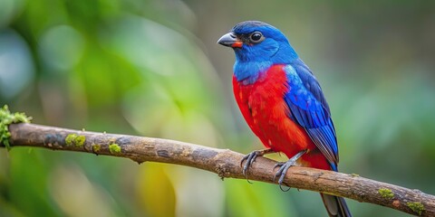 Obraz premium Blue and red bird perched on a tree branch, Nature, Wildlife, Animal, Bird, Colorful, Feathers, Perched, Branch, Tree, Blue