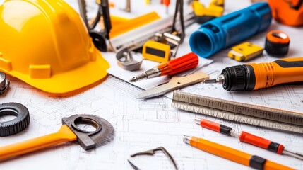 A collection of various construction tools arranged on a blueprint, showcasing their essential roles in building and repair work.