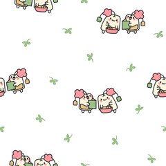 Cute tea bags friends forever. Seamless pattern. Funny couple sachet cartoon characters. Hand drawn style. Vector drawing. Design ornaments.