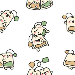 Cute tea bags friends forever. Seamless pattern. Funny couple sachet cartoon characters. Hand drawn style. Vector drawing. Design ornaments.