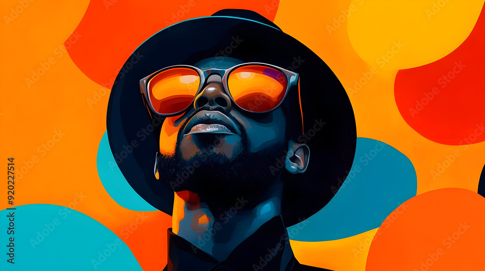 Canvas Prints A vibrant portrait of a man wearing sunglasses and a hat against a colorful background.