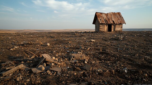 A desolate landscape with a single shelter standing, surrounded by debris, representing survival after a catastrophic calamity