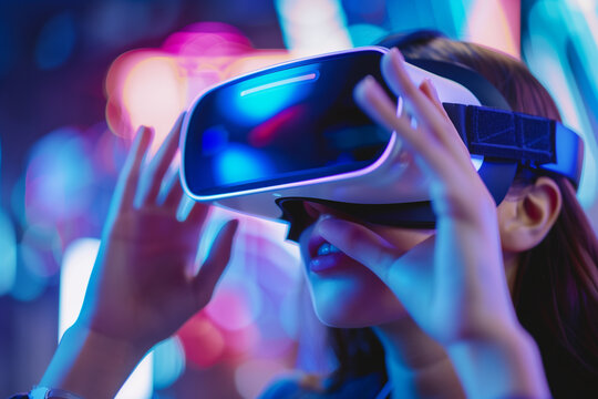  Close-up interaction with virtual reality headset at corporate event