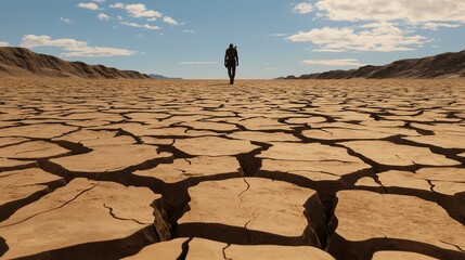 A barren wasteland with a solitary survivor trekking through, depicting the harsh realities of survival after a catastrophic calamity