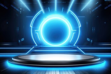 Futuristic pedestal with blue neon lights.