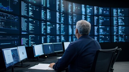 Fototapeta premium A data analyst observes multiple screens displaying complex data and analytics in a modern digital workspace.