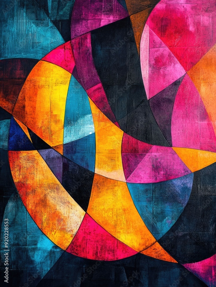 Poster vibrant abstract geometric patterns with dynamic lines bold colors and fluid forms create a captivat