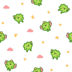 Cute kawaii lucky clover cartoon character. Seamless pattern. Hand drawn style. Vector drawing. Design ornaments.