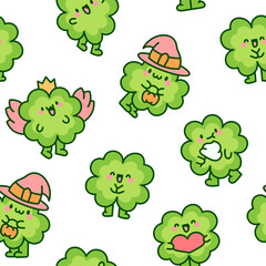 Cute kawaii lucky clover cartoon character. Seamless pattern. Hand drawn style. Vector drawing. Design ornaments.