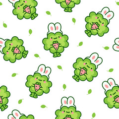 Cute kawaii lucky clover cartoon character. Seamless pattern. Hand drawn style. Vector drawing. Design ornaments.