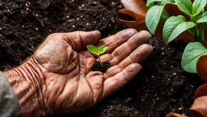 Expert hand of farmer checking soil health before growth a seed of vegetable or plant seedling, Business or ecology concept, analyze complex data sets in real-time, with a digital interface overlaid o