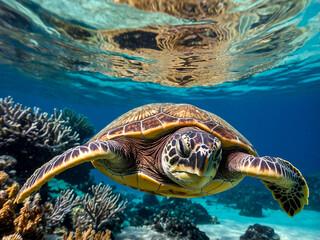 Obraz premium Marine Life: A Green Sea Turtle Exploring