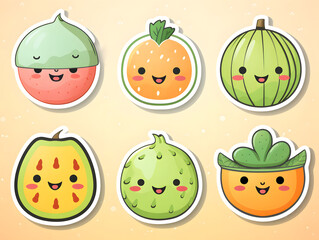 Fototapeta premium Cantaloupe kawaii stickers with vibrant color