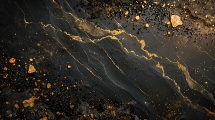 Black background with golden glitter and texture, abstract, luxury, and elegant.
