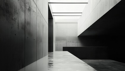 Fototapeta premium A minimalist interior with sleek concrete walls and a reflective floor, showcasing modern architectural design and elegance.