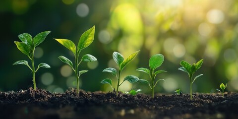 A row of vibrant green seedlings growing in rich soil, symbolizing growth and renewal in nature under soft sunlight.