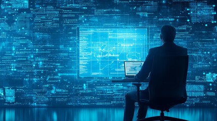 A focused professional analyzing data on a futuristic computer screen, surrounded by digital information and flow.