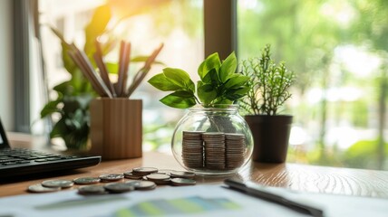 A serene workspace featuring plants, coins, and stationery, ideal for enhancing creativity and productivity in a modern setting.