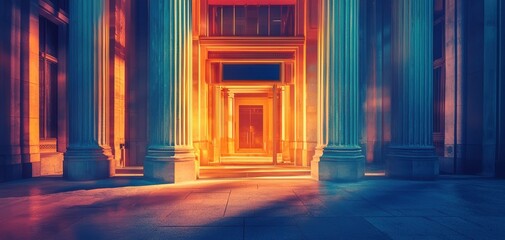 A stunning view of vibrant columns and an inviting doorway, bathed in warm hues of orange and blue, creating a mystical atmosphere.