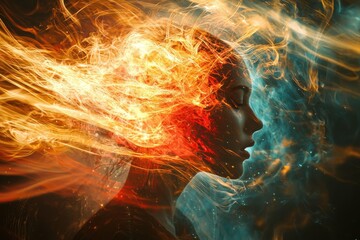 A surreal artistic representation of a person's profile with flames and cosmic elements, depicting creativity and transformation.