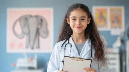 A young girl dressed as a doctor holds a clipboard, exuding confidence in a colorful medical office with playful artwork.