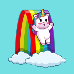 A Cute Unicorn Cartoon Sliding Down on the Rainbow. Isolated Vector Character.
