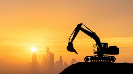 Silhouetted Backhoe on Hill During Golden Hour Sunset with City Skyline