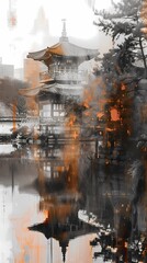 Fototapeta premium Dusk architecture traditional landscape illustration background poster decorative painting