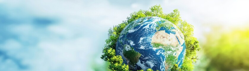 A vibrant view of Earth surrounded by lush greenery, symbolizing environmental protection and sustainable future.