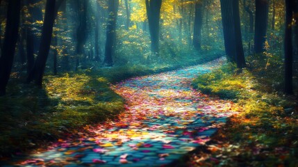 Obraz premium Autumn Path Through a Sun Dappled Forest
