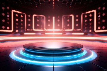 Futuristic podium with neon lights.